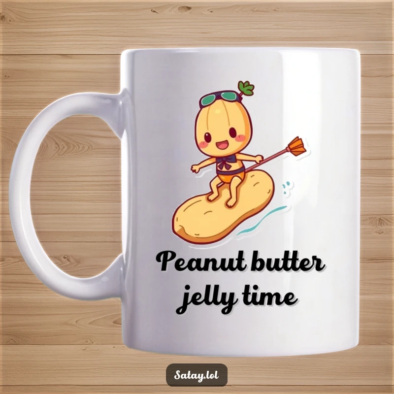 Funny Satay Skewer Mug featuring a skewer character hilariously surfing on a peanut, looking like a pro skater with a determined grin.