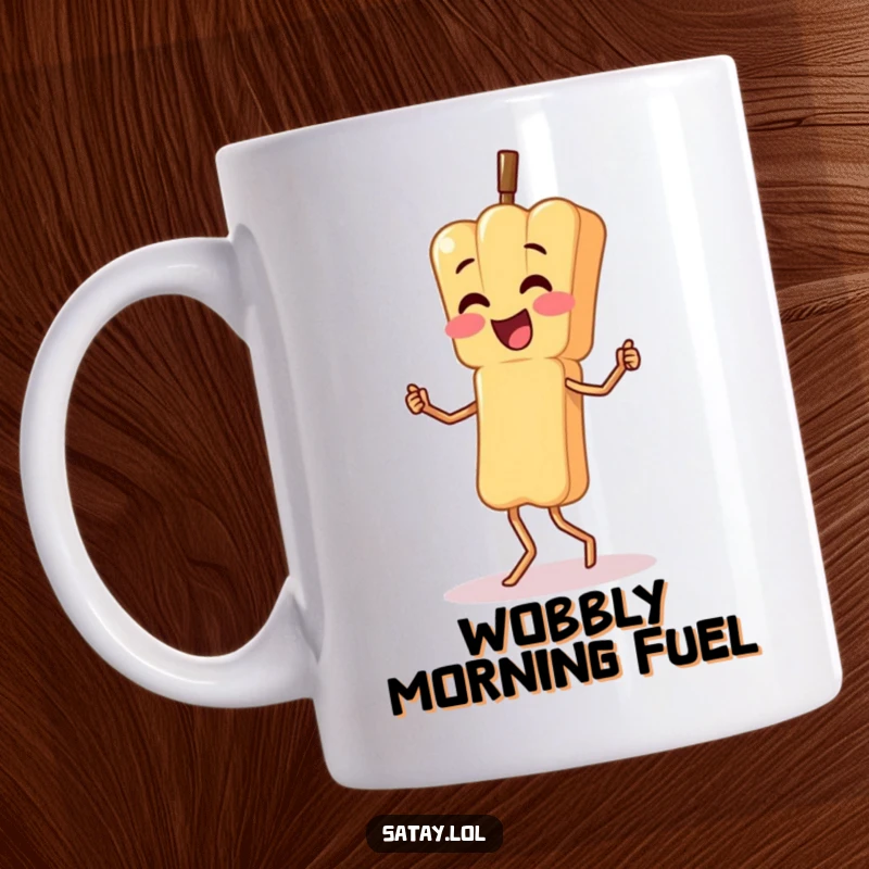 Funny mug with a satay skewer character performing a silly, wobbly dance; energetic and humorous.