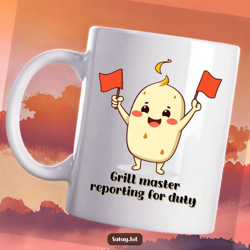 Funny Satay Character Mug: A jubilant satay enthusiastically waves a miniature grill flag, embodying festive and humorous celebration.