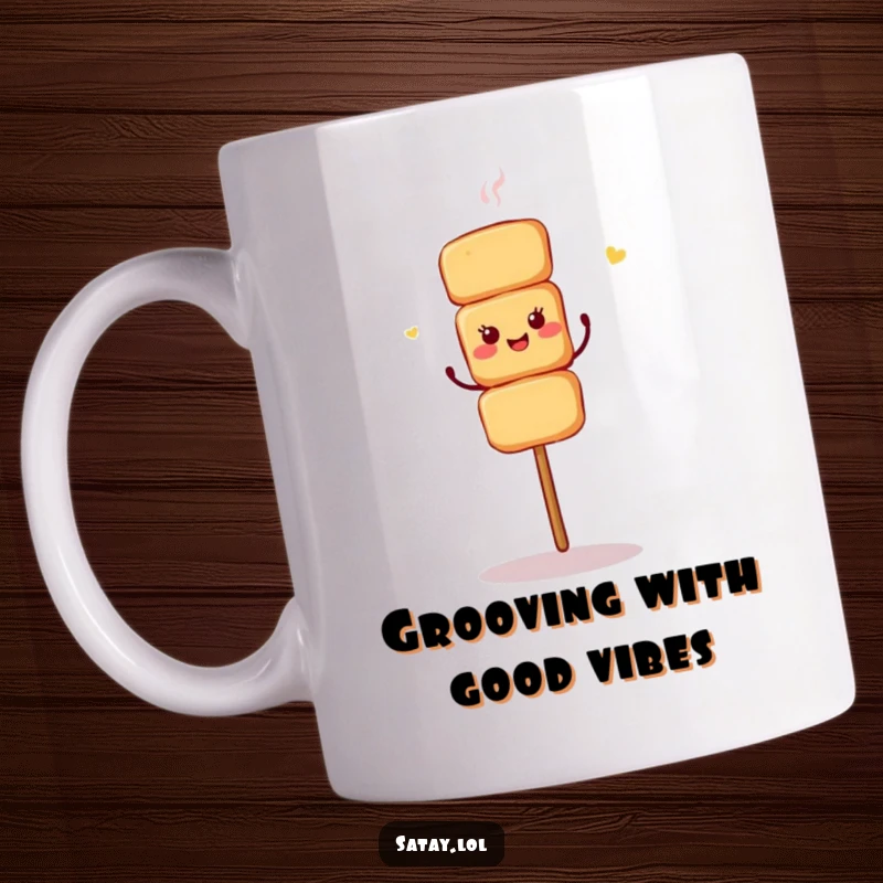 Funny coffee mug featuring a satay skewer performing a lively shimmy dance.
