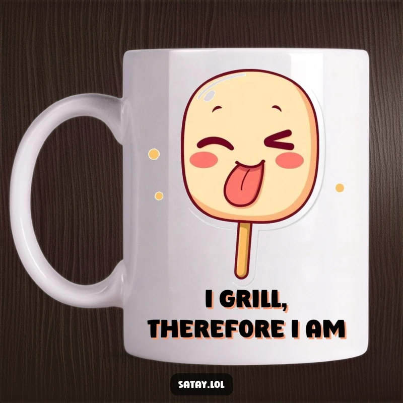 Funny mug with a winking satay skewer character playfully sticking out its char-marked tongue, celebrating grilling humor.