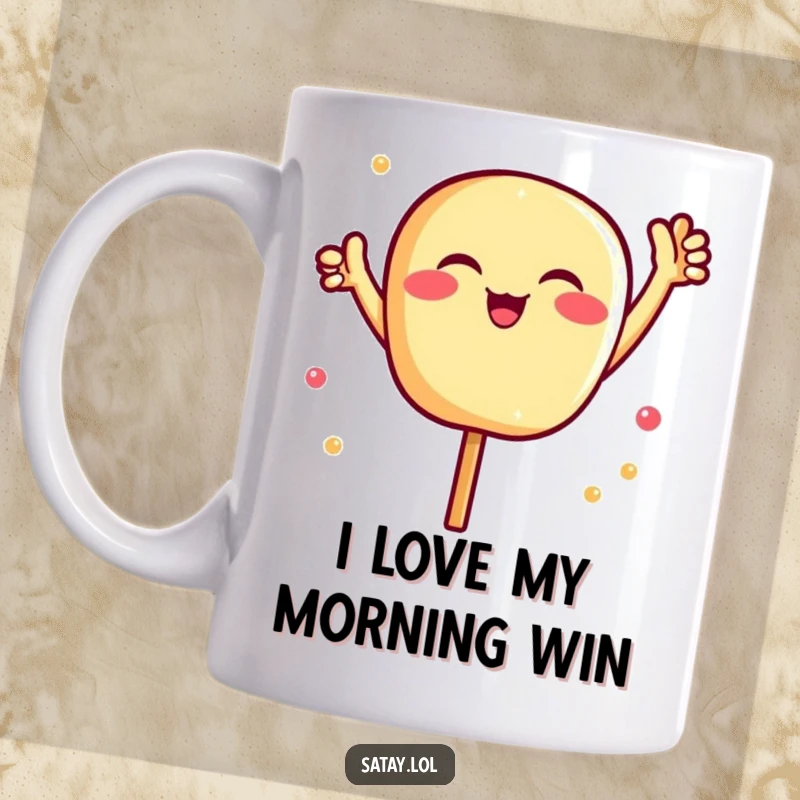 Funny Satay Cheer Mug: A jovial satay skewer raises tiny arms in victory, radiating infectious excitement. Great funny gift.
