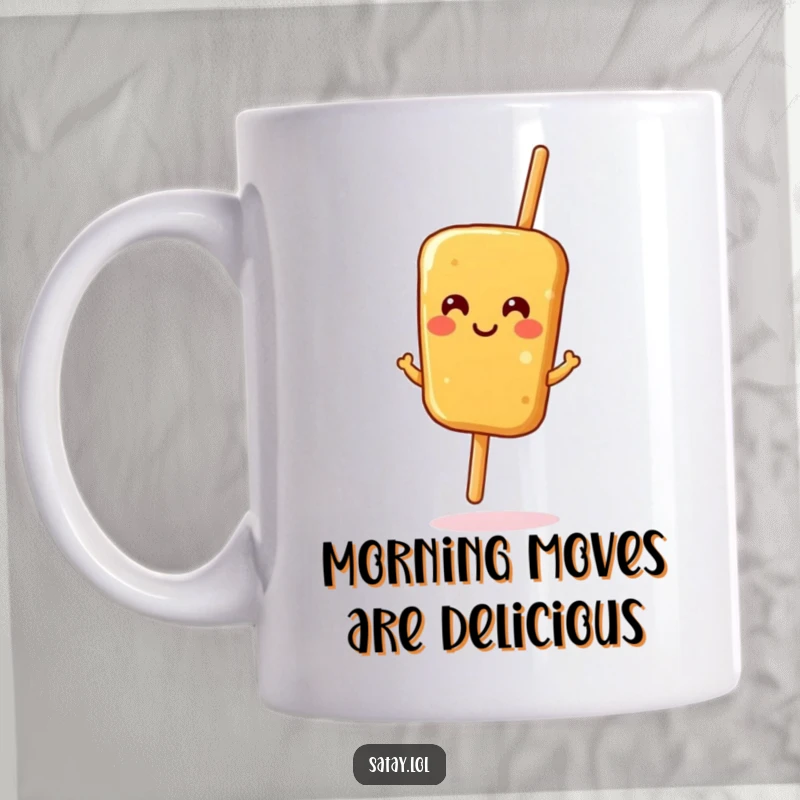 Funny satay skewer mug with a smiling face performing a joyful, tiny jig, perfect for a humorous kitchen accent.