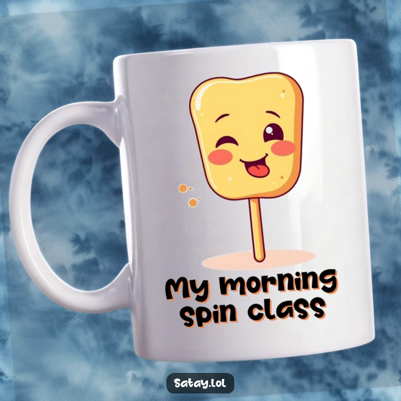 Funny satay skewer mug with a silly face and tongue sticking out while spinning, a hilarious and playful kitchen accessory.