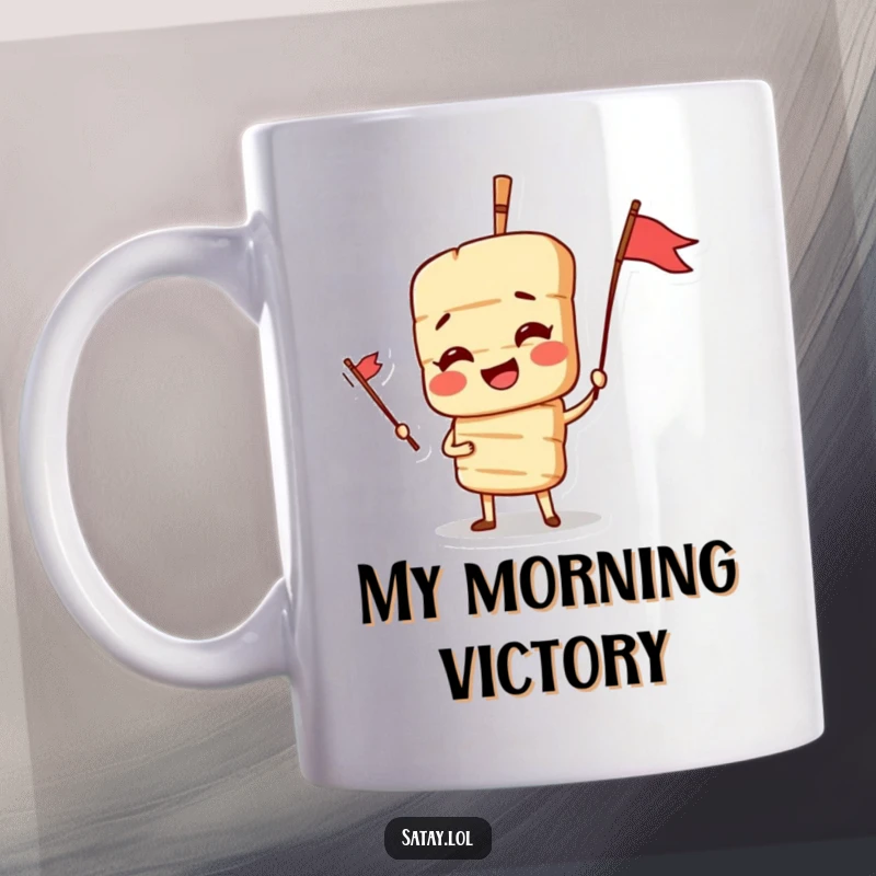 Funny Satay Skewer Mug featuring a dramatic skewer character posing heroically with a small flag, celebrating culinary achievements.