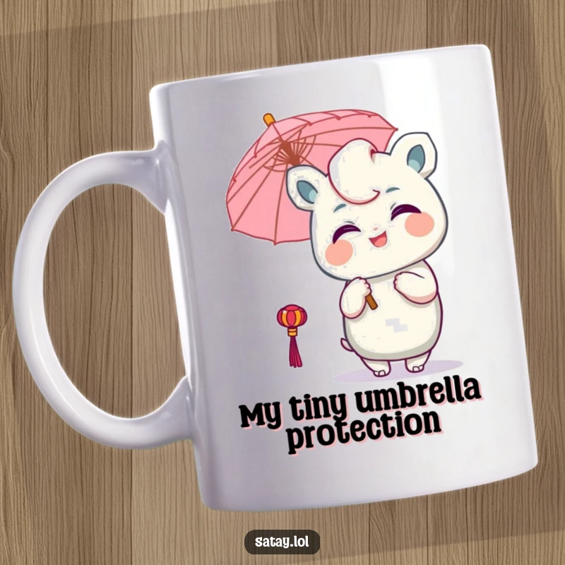 Funny Satay Character Mug: A delighted satay winks playfully while holding a tiny, colorful ornamental umbrella, perfect for a funny gift.
