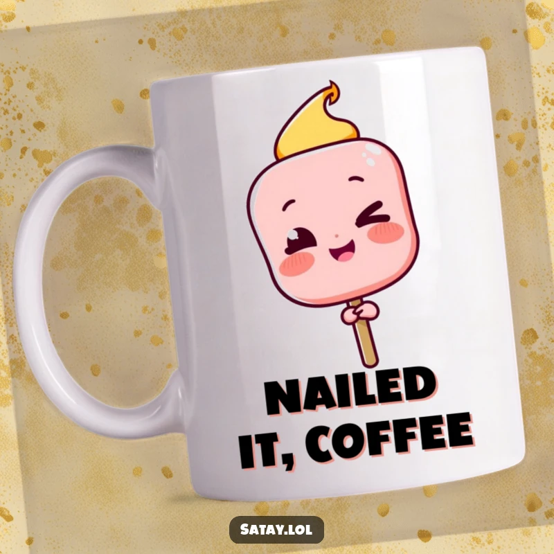 Funny Satay Skewer Mug with a character winking playfully after a successful flip, celebrating culinary achievement.