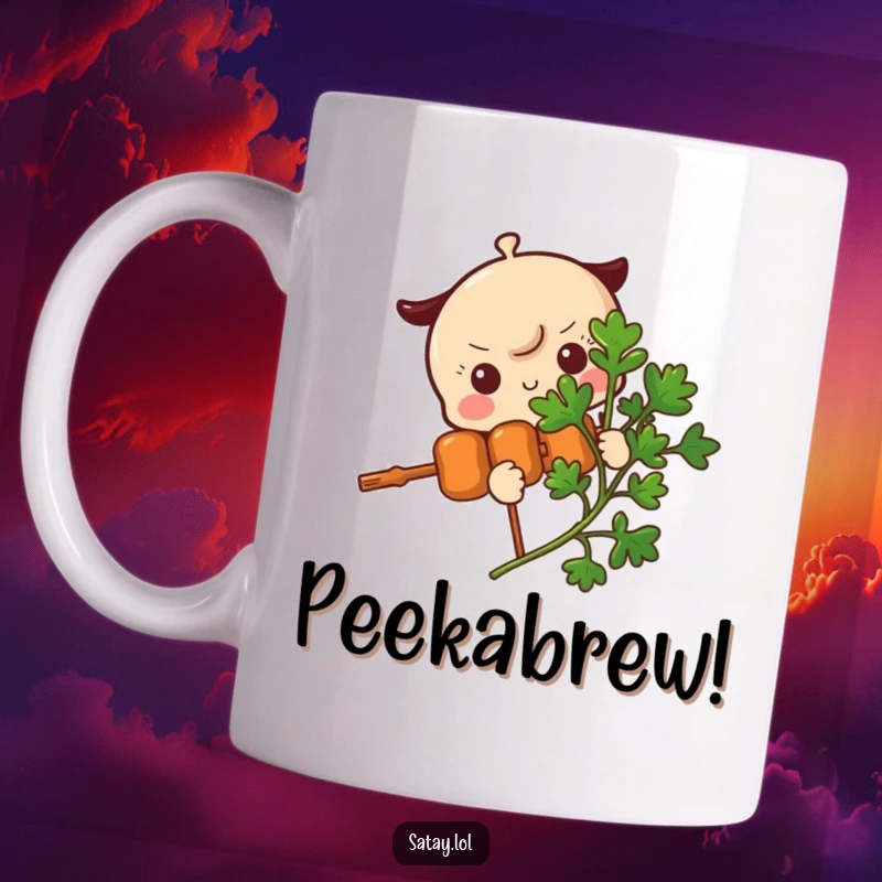 Funny Satay Skewer Mug featuring a skewer character shyly peeking from behind a fresh parsley sprig, with a curious and adorable expression.