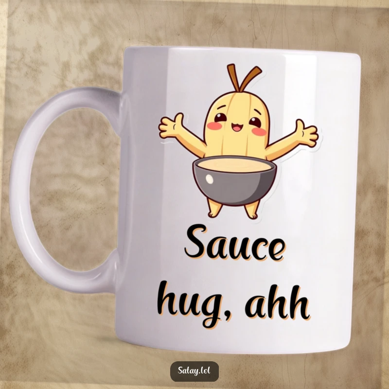 Funny mug featuring a satay character with arms outstretched, lovingly embracing a generous bowl of dipping sauce.