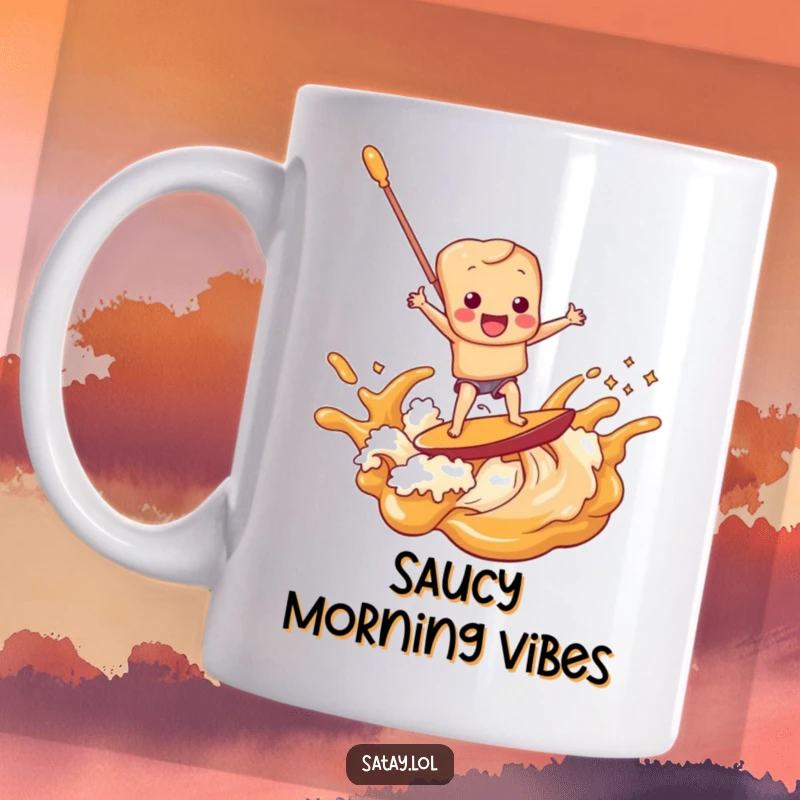 Funny satay skewer character gleefully surfing on a dynamic wave of peanut sauce, bringing joy to this mug.