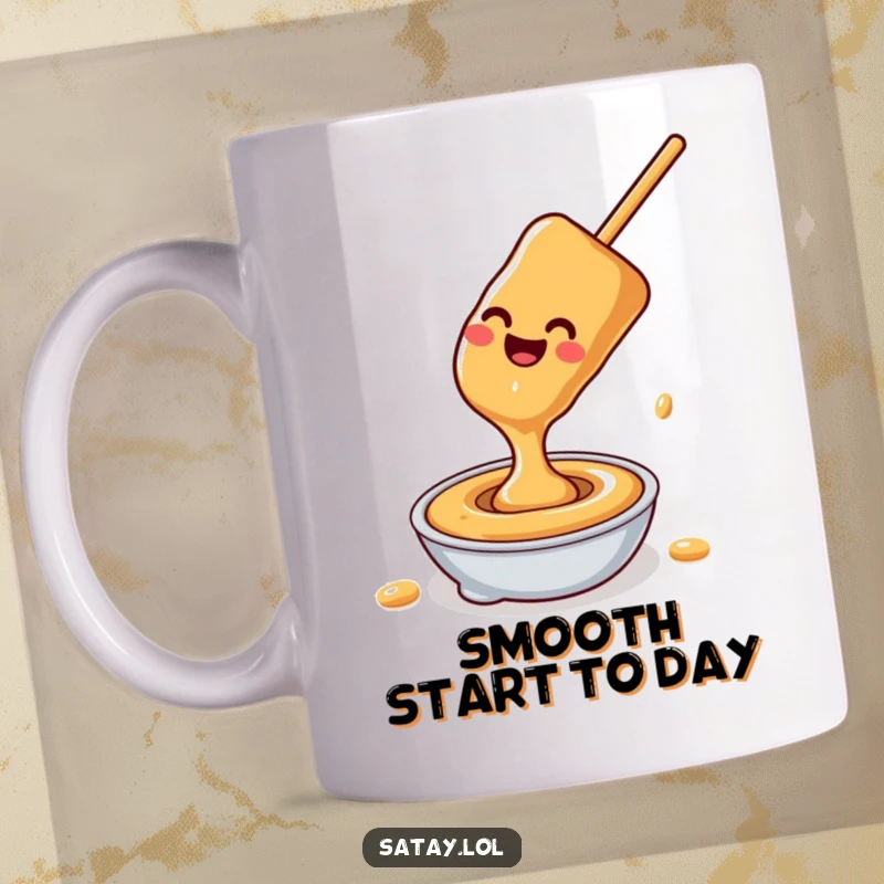 Funny satay skewer peanut sauce mug, a happy skewer sliding down peanut sauce, showcasing a delightful and humorous food moment.