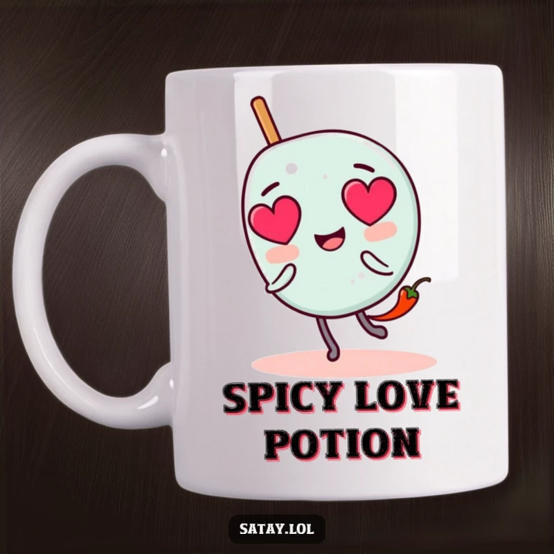 Funny satay skewer character mug with heart eyes, being chased by a tiny chili pepper, symbolizing love for spicy food.