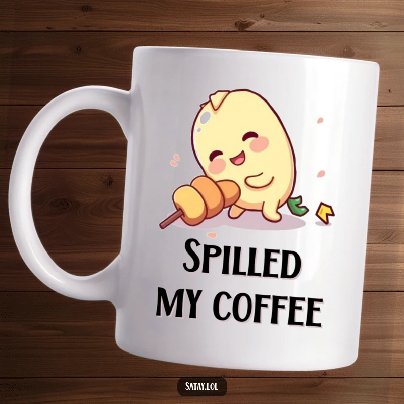 Funny mug depicting a satay skewer character hilariously tripping over its own stick, a clumsy mishap.