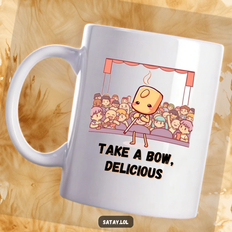 Funny satay skewer taking a deep, theatrical bow to an unseen audience, showcasing its dramatic flair on a mug.