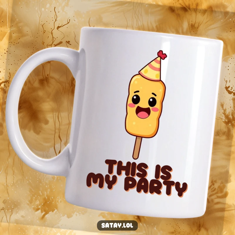 Funny coffee mug featuring an excited satay skewer wearing a small party hat.
