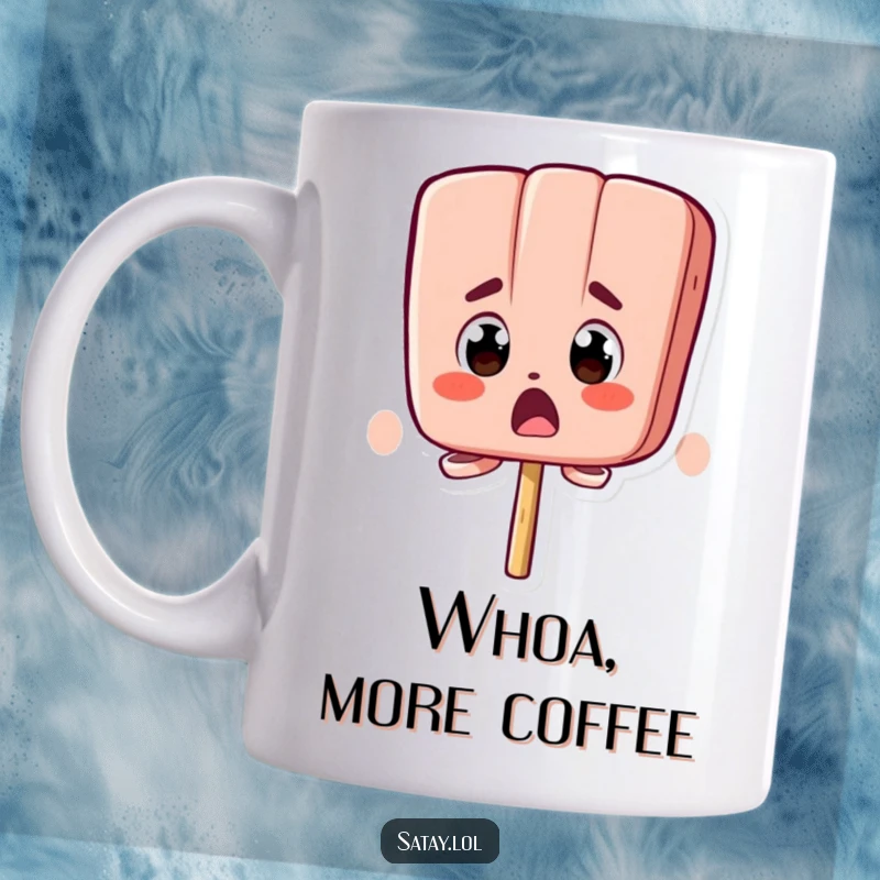 Funny mug depicting a satay skewer character with a comically surprised expression and bugging-out eyes.