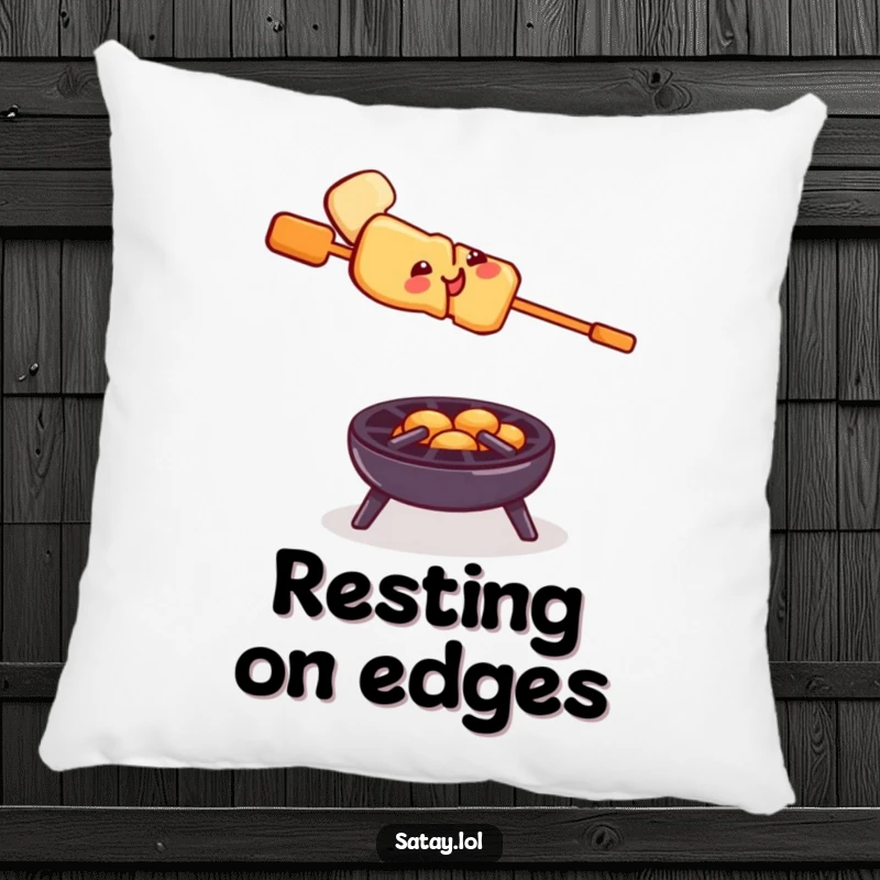 Funny satay skewer grill pillow, a smiling skewer balancing precariously on a tiny grill, soft and humorous decor.