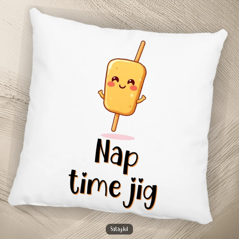 Funny satay skewer pillow, a smiling skewer doing a joyful jig, soft and humorous accent for sofas and beds.