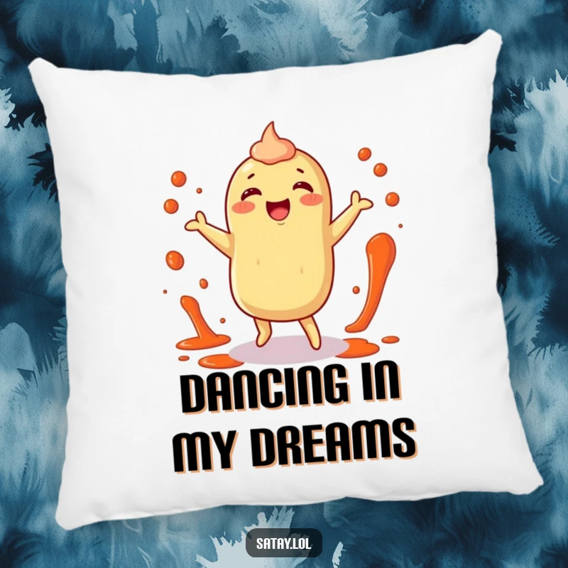 Funny satay pillow with a happy satay character dancing with sauce splatters, adding vibrant comfort.