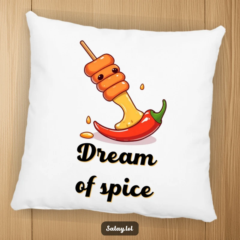 Funny pillow with a satay skewer hilariously sliding down a chili pepper, bringing comfort and spicy humor.
