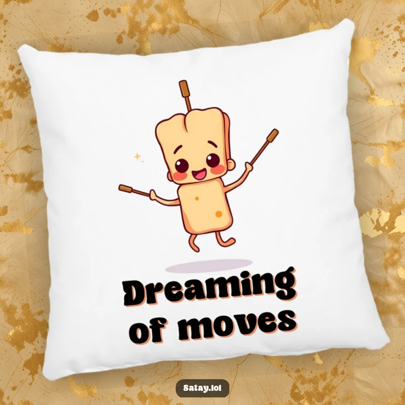 Funny satay skewer character pillow, doing a clumsy dance with floppy skewers, offering comfort and lighthearted humor.