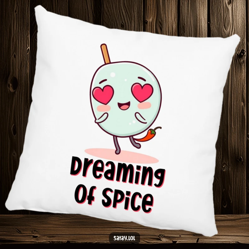 Funny satay skewer character pillow with heart eyes, chased by a tiny chili pepper, offering comfort and spicy humor.