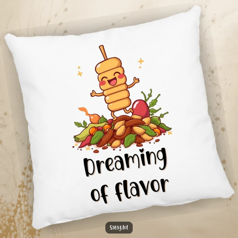 Soft funny giggling satay skewer pillow, depicting a happy skewer hopping on spices, perfect for adding foodie comfort.