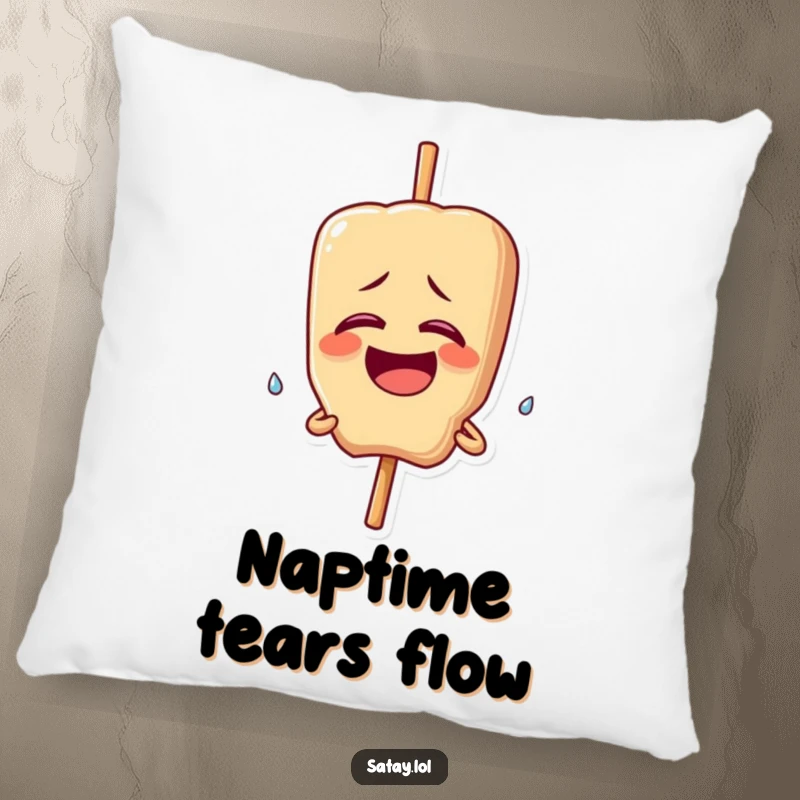 Funny decorative pillow featuring a satay skewer character giggling uncontrollably, a single happy tear falling; soft and humorous.