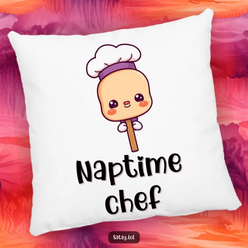 Funny proud chef satay skewer pillow, wearing a chef hat with a proud expression, soft and decorative cushion.