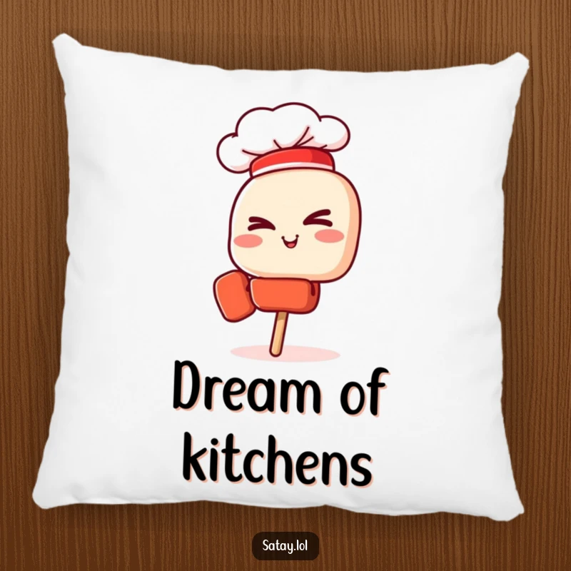 Funny pillow with a cute satay skewer chef wearing a hat and giving a confident wink, adding comfort.
