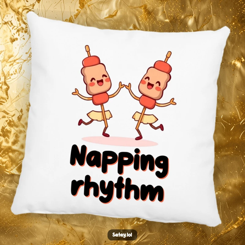 Funny pillow featuring happy satay skewers dancing in sync, perfect for cozy, energetic moments.