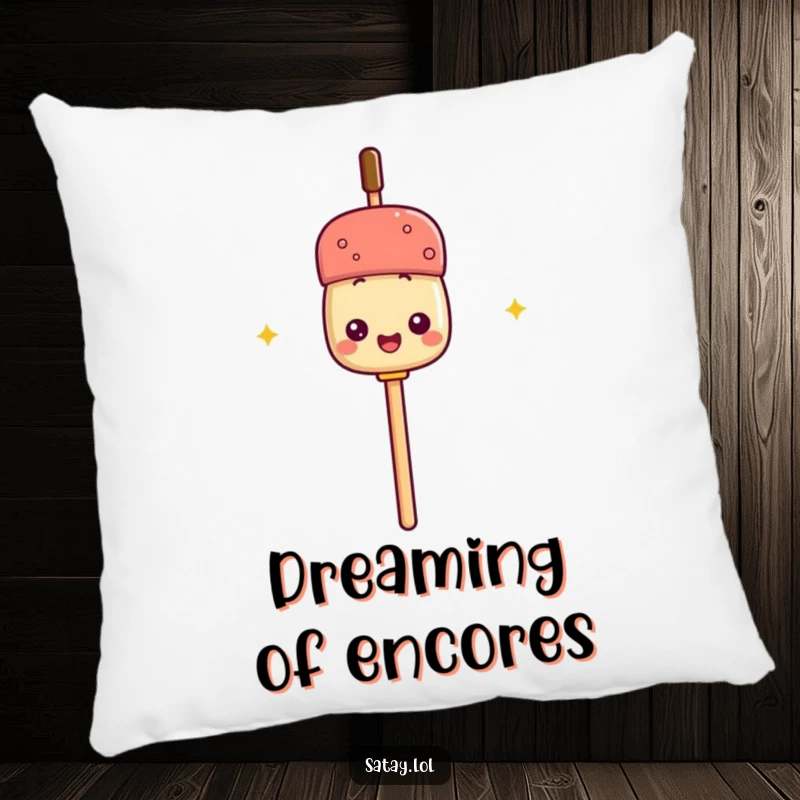 Funny pillow with a satay skewer holding its stick as a microphone, offering a soft, humorous accent for sofas and beds.