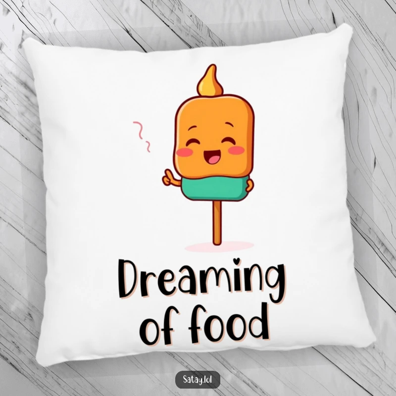 Funny satay pillow with a soft texture and a happy satay skewer character pointing excitedly towards a delicious scent.