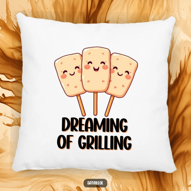 Funny pillow featuring a smiling satay skewer winking, perfect for cozy foodie moments and humor.