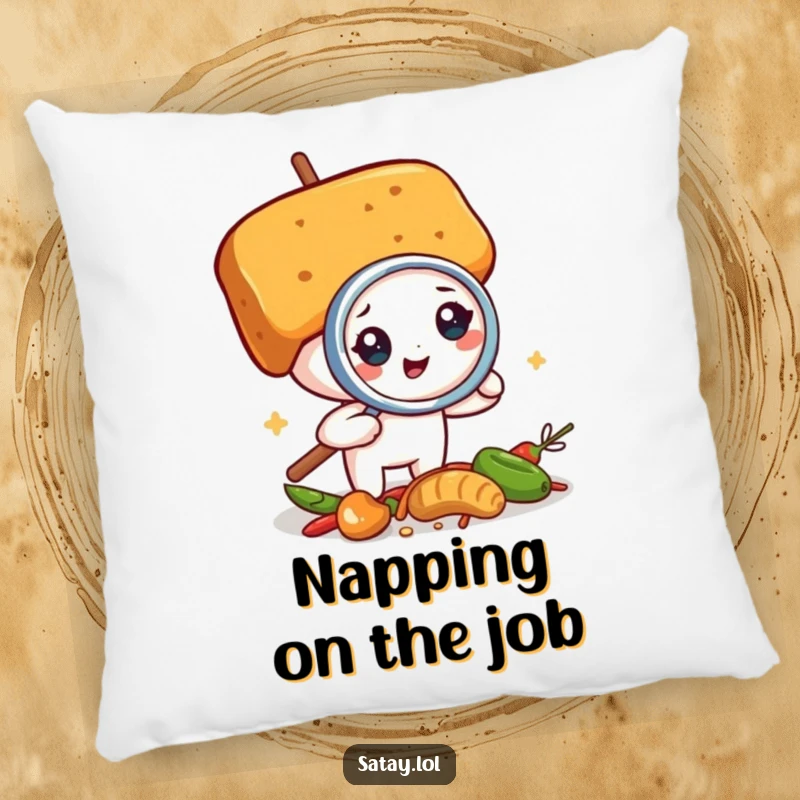 Funny satay skewer detective pillow, a skewer inspecting spices with a magnifying glass, a soft and amusing decorative item.