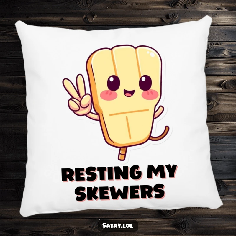 Funny Satay Skewer Pillow featuring a skewer character offering a peace sign with its tail, perfect for adding comfort and humor to any room.