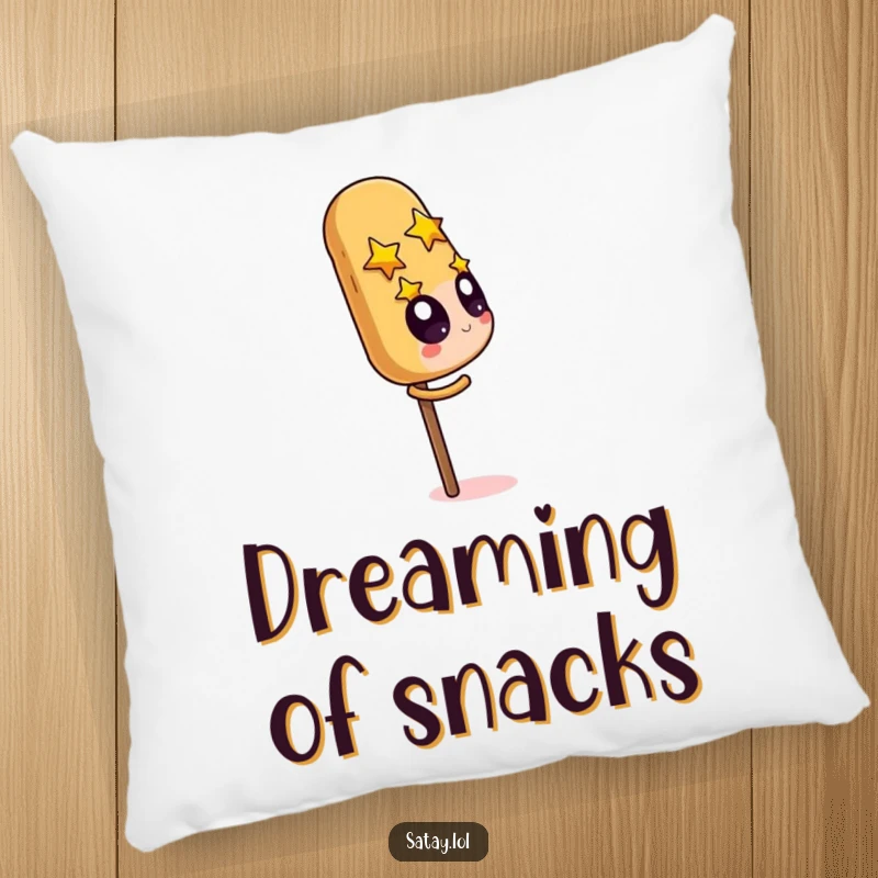 Funny Satay Skewer Pillow showing a character starry-eyed over a giant peanut, perfect for expressing food adoration.