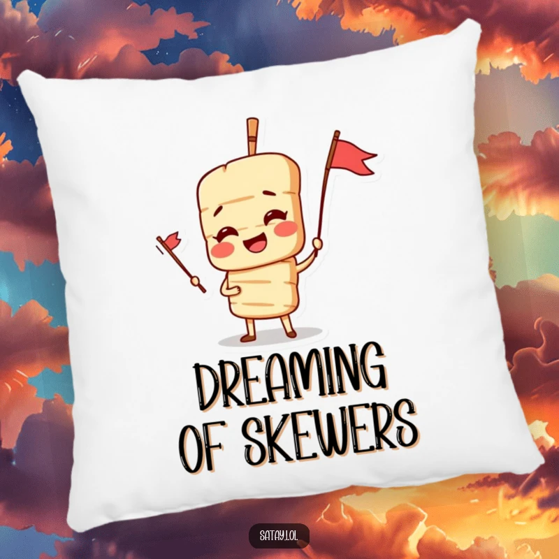 Funny Satay Skewer Pillow featuring a dramatic skewer character with a flag, offering comfort and a humorous touch to any room.