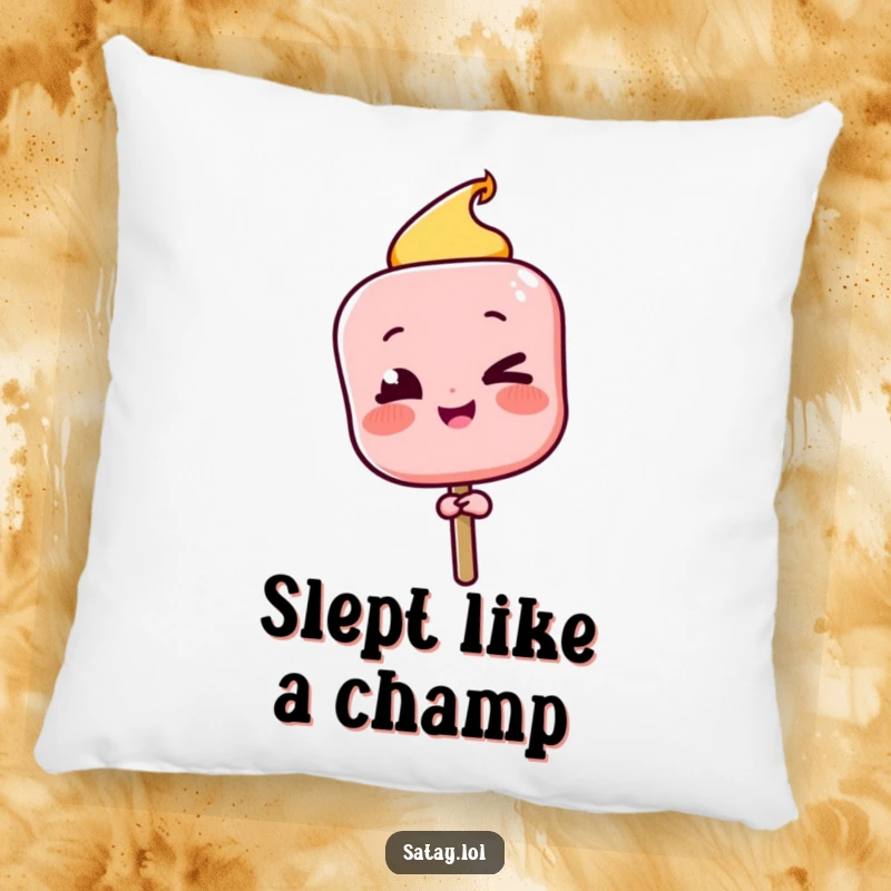 Funny Satay Skewer Pillow with a character winking playfully after a successful flip, perfect for cozy, confident lounging.