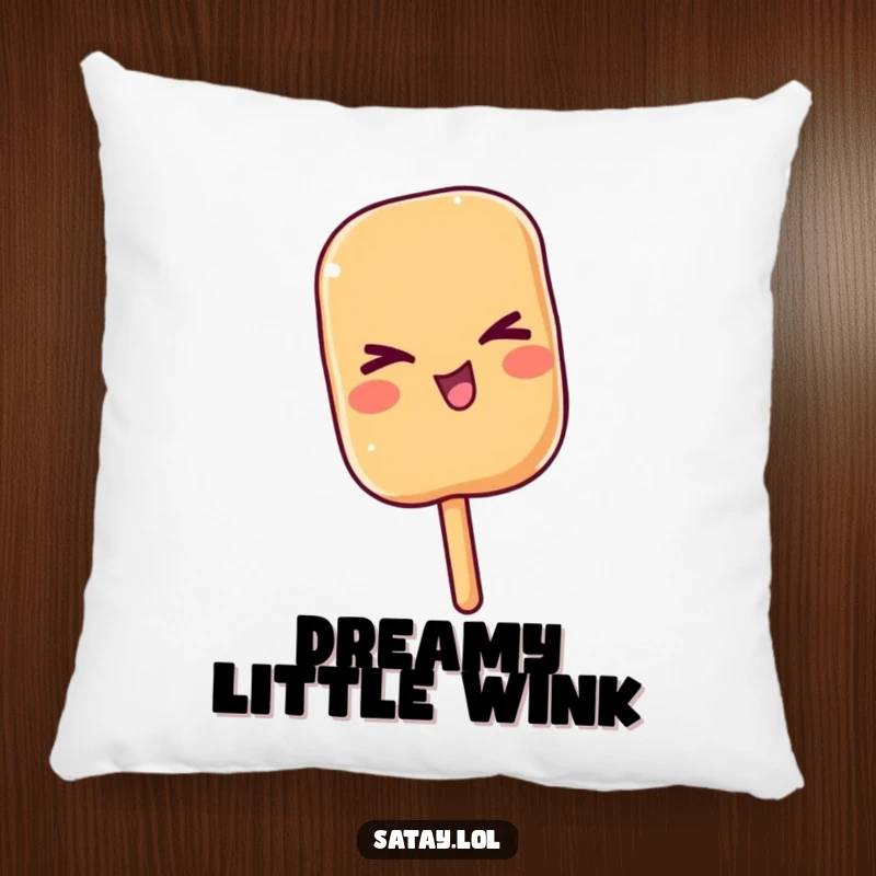Funny satay skewer giving a playful wink, depicted on a soft pillow, bringing a cozy and cheeky vibe to any setting.