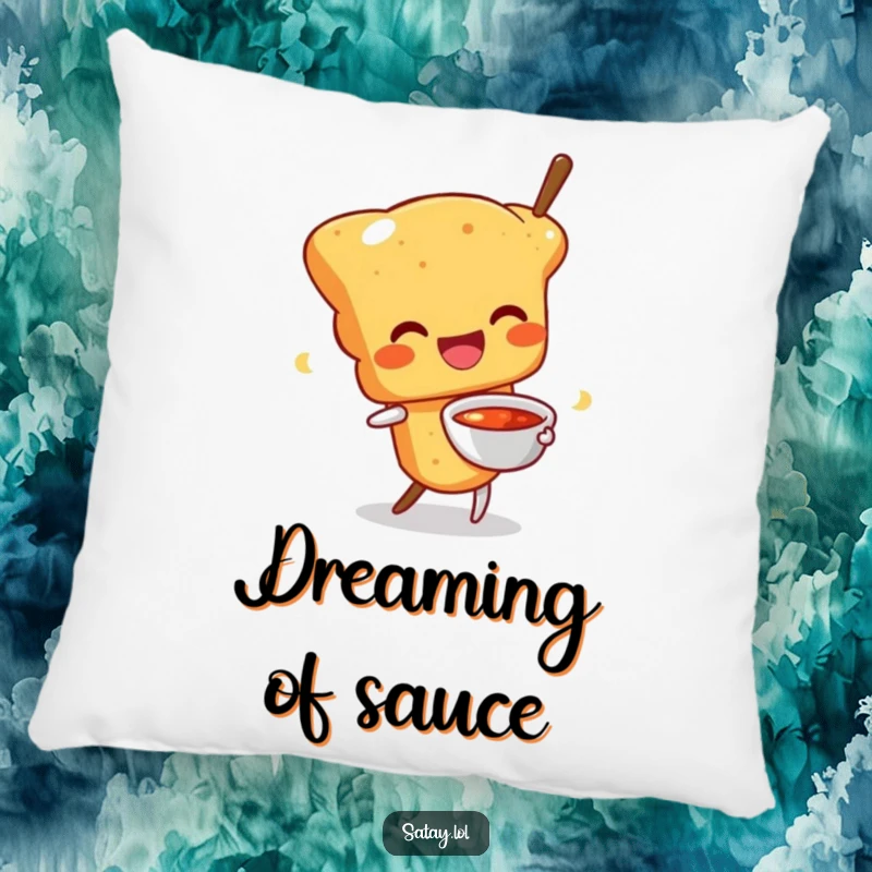 Funny decorative pillow featuring a happy satay skewer character wiggling with a sauce bowl; soft, cheerful, and humorous.
