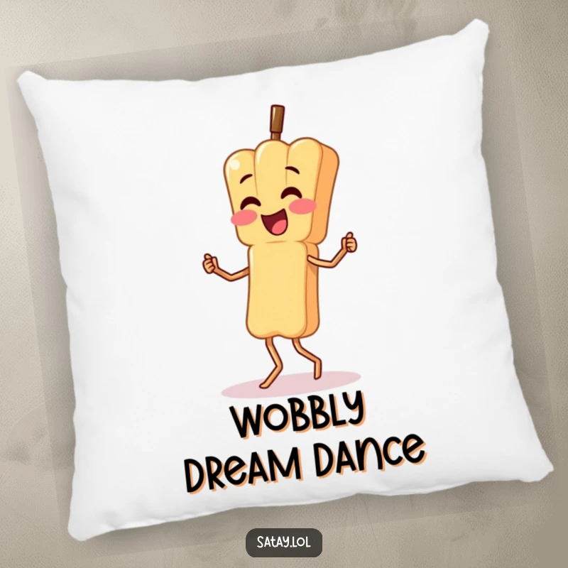 Funny decorative pillow featuring a satay skewer character doing a silly, wobbly dance; soft and full of humorous energy.