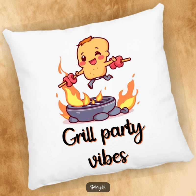 Funny satay skewer character triumphantly jumping over a hot grill, making this pillow wonderfully humorous.
