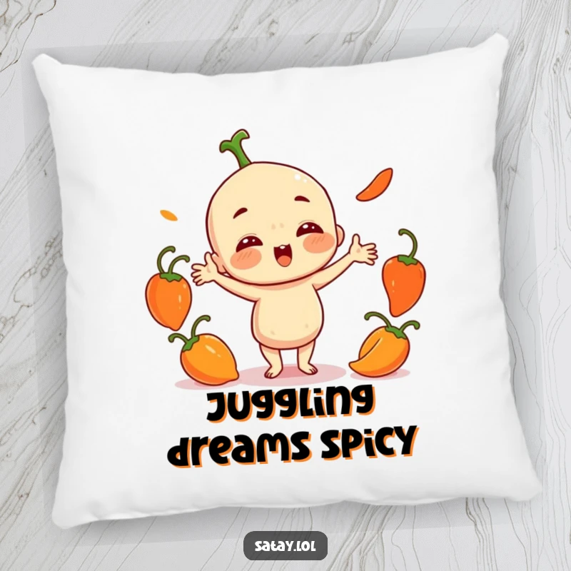 Funny Satay Character Pillow: A playful satay juggles three small, round chili peppers, offering soft and humorous spicy comfort.