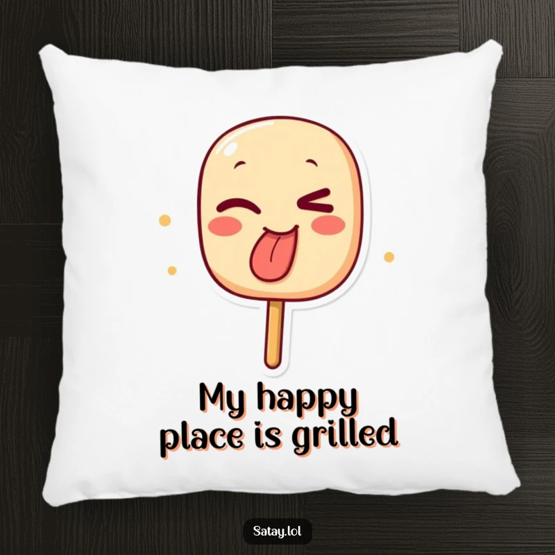 Funny pillow featuring a winking satay skewer character with its char-marked tongue sticking out, adding comfort and humor.