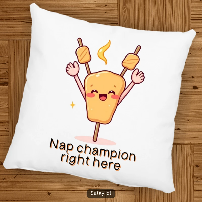 Funny decorative pillow showing a satay skewer with arms raised high in a gesture of celebration.