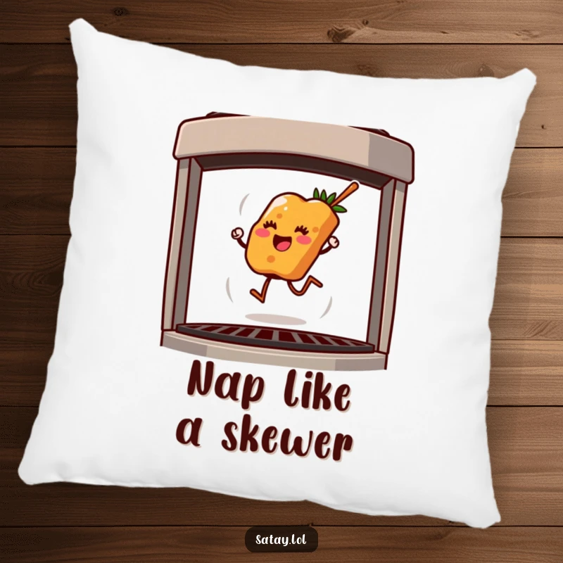 Funny pillow with a cute satay skewer happily hopping on a grill, offering comfort and a dash of culinary humor.
