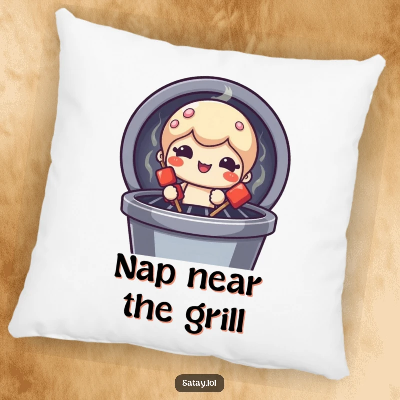 Funny satay skewer character pillow, peeking from a grill with a funny face, offering comfort and kitchen-themed humor.