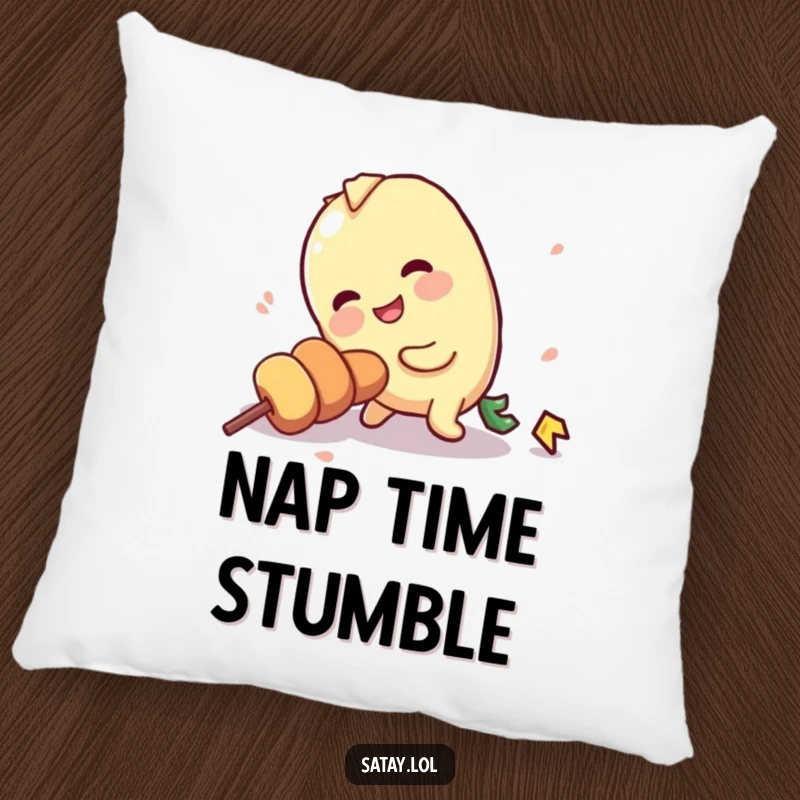 Funny decorative pillow with a satay skewer character hilariously tripping over its own stick, adding humor.