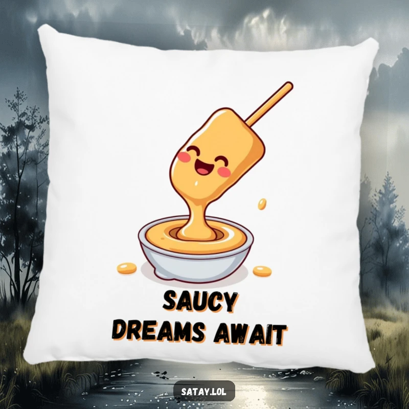 Funny satay skewer peanut sauce pillow, a happy skewer sliding down peanut sauce, soft and humorous decor.